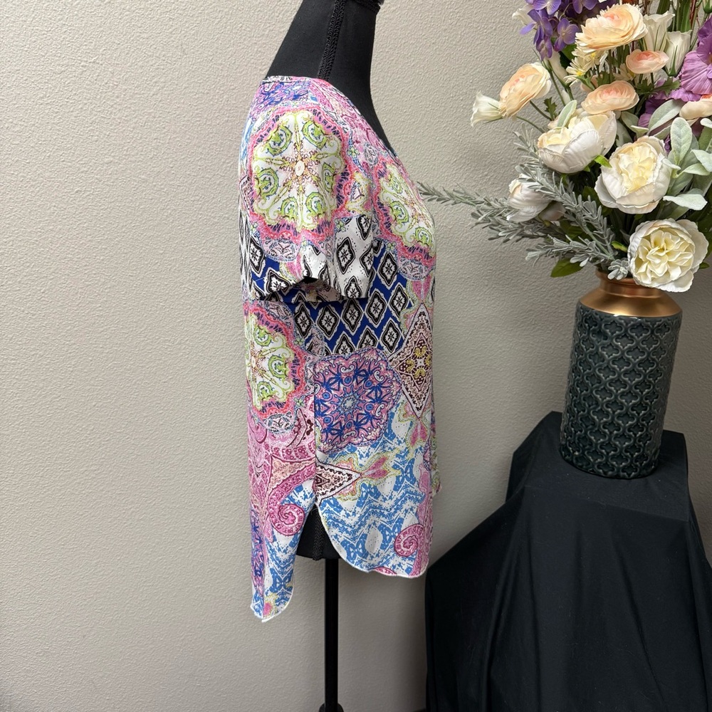 Spense Boho Medallion Print Short Sleeve Tunic Top Pink Blue M/M - Picture 4 of 6